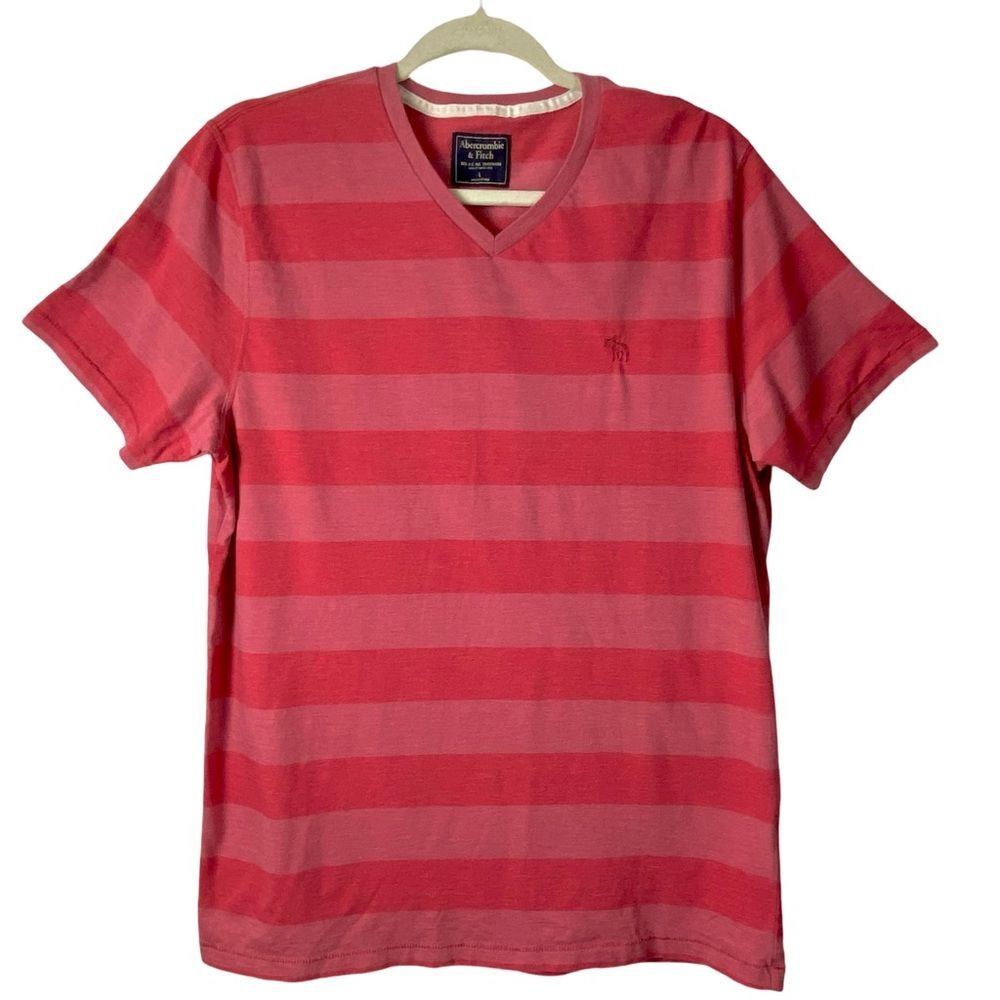 Abercrombie & Fitch Pink Striped V-neck Short Sleeve Preppy T-Shirt Size L